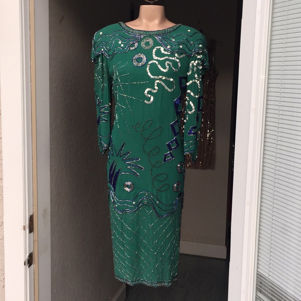 Vintage FABRICE green silk beaded Dress